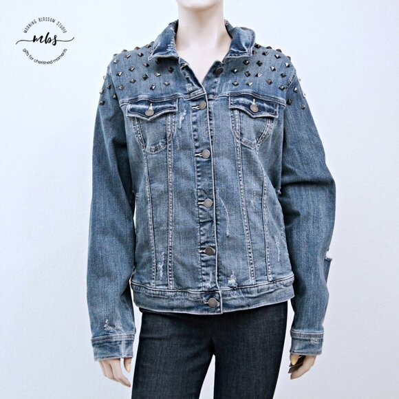 Torrid AC/DC Stud Distressed Denim Jacket Blue White Women Plus Size 2 - Picture 8 of 15